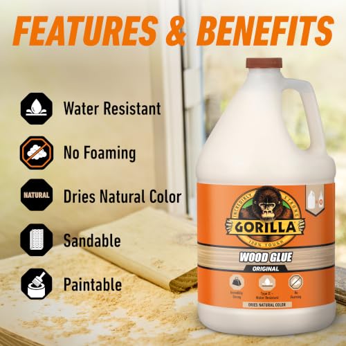 Gorilla Wood Glue, Natural Wood Color, 1 Gallon Bottle (Pack of 1) - Water Resistant for Indoor or Outdoor Projects and Repairs - size: Gallon