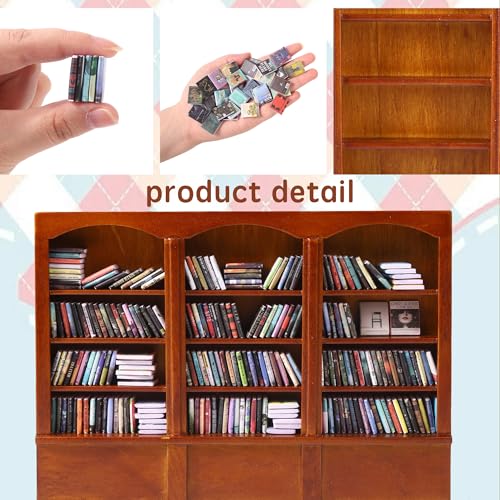 Mini Bookshelf with 240pcs Mini Books Sofa Desk Plant Dollhouse Bookshelf - style: Mini Books with Big Bookshelf