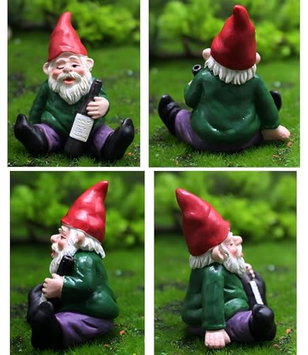 Set of 4 Mini Garden Gnomes with Campfire - 3 Drunk Gnome Figurines and 1 Campfire for Fairy Garden Decor, Plant Pot Decorations, Dashboard Ornaments, and Outdoor Spaces - style: Gnome Set of 4