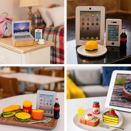 20Pcs Miniature Laptop Computer Tablet Toy Phone Pad and Hamburger Fries Cola Fast Food Cake Coffee Juice Fits Doll Accessories Scale Dollhouse Playsets Girl Mini Drink Food Party