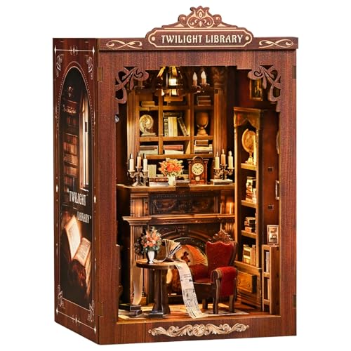 Library Book Nook Kit, DIY Miniature House Kit with LED, Vintage Study Bookshelf Decor, 3D Wooden Puzzle Craft, Gifts for Readers, Adults, Teens, Beginners (Twilight Library) - style: Twilight Library