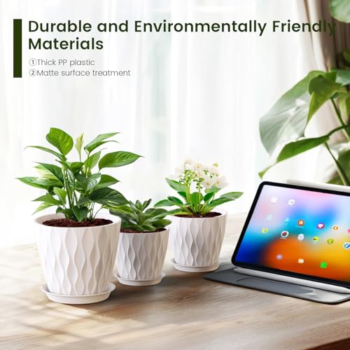Meowell 7/6.5/6/5.5/5/4.5/4 inch Plant Pots for Indoor Outdoor Plants, 7 Pack Thick Flower Pots with Drainage Holes and Saucers, Modern Wave Texture Plastic Planter Pots for Nursery, Succulent, White - color: White, size: 7+6.5+6+5.5+5+4.5+4 inch 7 pieces