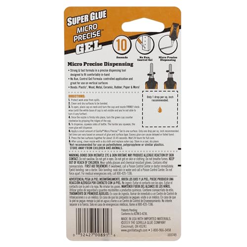 Gorilla Micro Precise Super Glue Gel, Cyanoacrylate, Clear, 5.5g - size: Pack of 1, style: Gel
