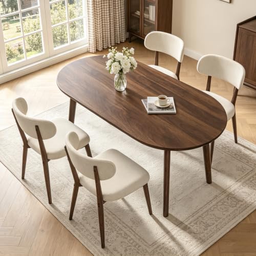 63" Oval Dining Table Set for 4 with Solid Wood Legs - color: Walnut Table Brown-l Chairs