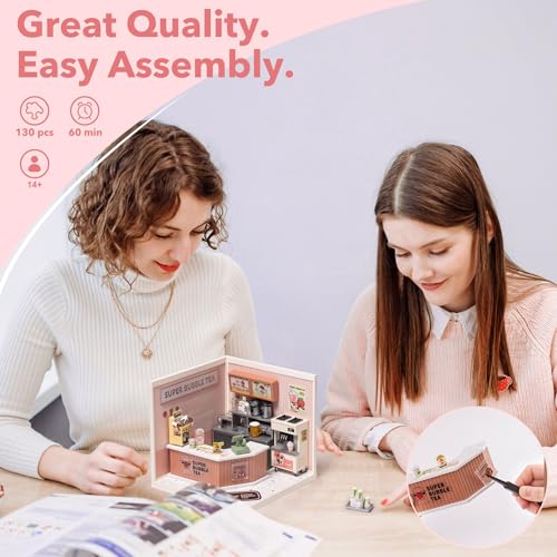Rolife Plastic House Building Set Toy DIY Miniature Dollhouse Playset with LED for Mini Figures Construction Toys Diorama Kit Gifts for Adults - style: Bubble Tea Shop