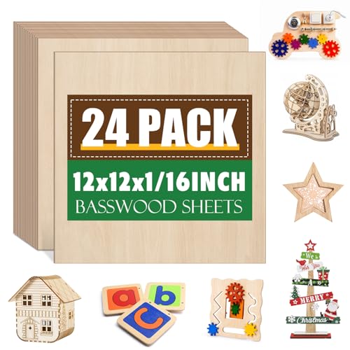 24 Pack Basswood Sheets 1/16x12X12Inch,Plywood Sheets for Crafts.Unfinished Wood Boards for Laser Cutting & Engraving,Burning,Balsa Wood Sheet for Painting - size: 24P 12x12x1/16in
