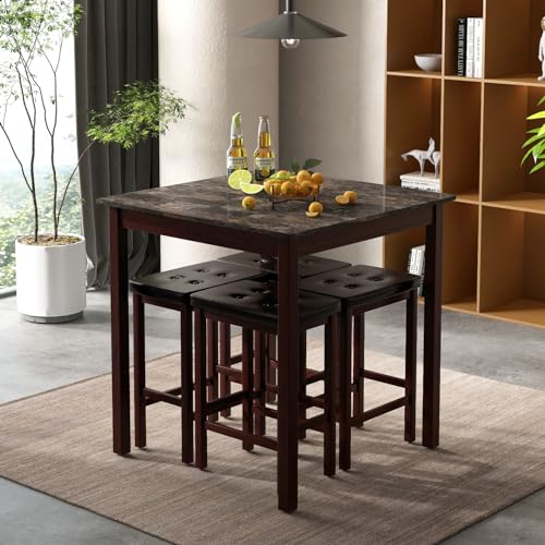 GIANTEX Dining Table Set for 4, Kitchen Table Chairs Set of 4, Counter Height Dining Table Set with 4 Bar Stools, Space-Saving Dinette Table Set for Small Place, Breakfast Nook Table Set (Brown) - color: Brown