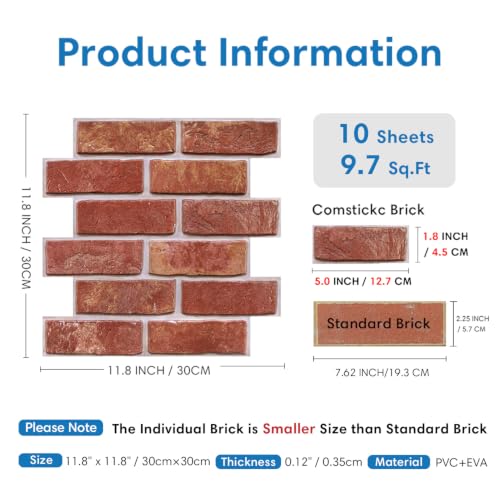 COMSTICKC 3D Peel and Stick Faux Brick Wall Panels for Quick DIY Wall Decor - color: Vintage Red - 01