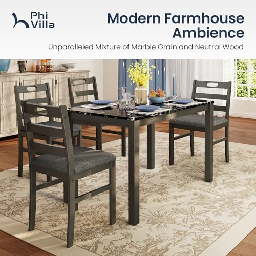 PHI VILLA Dining Table Set for 4, Marble Design Kitchen Table and Chairs - color: Emperador Dark Marble& Olive