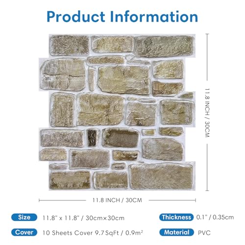 COMSTICKC 3D Faux Stone Wall Panels Peel and Stick, 10 Pcs 11.8" x 11.8" - color: Brown - 01