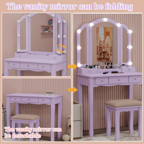 Purple Vanity Desk with Mirror and Lights Purple Vanity for Girls Makeup Vanity Desk with Lights Vanity Table with Lighted Mirror Make Up Vanity Desk with Drawers and Chair Set - style: Purple
