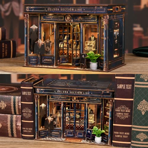 fifijoy DIY Miniature Dollhouse Kit - 3D Wooden Puzzle Book Nook Kit with LED Light, Miniature House Bookshelf Insert Decor for Adults, Creative Gift for Family and Friends (Golden Section Line) - color: Golden Section Line