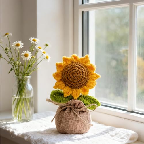 Crochet Sunflowers Potted Bouquet for Women Office Desk Decor - color: Boho Sunflower