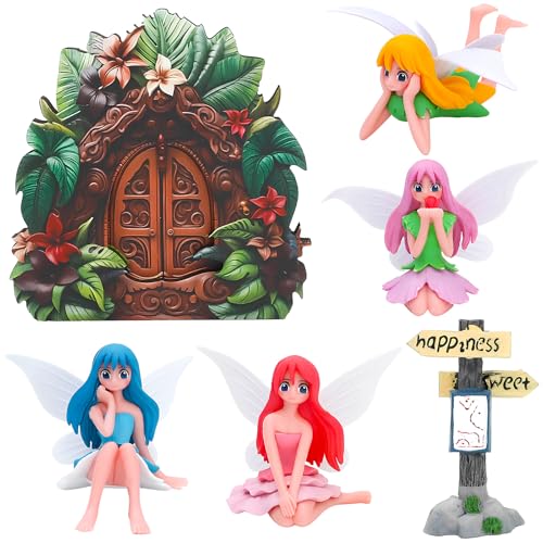 ONEST 6 Pieces Miniature Fairy Garden Accessories Small Fairy Figurines Hand Painted Fairies Figures for Car Decor Garden Flower Pot Birthday Cake Topper - style: Fairy and Door B