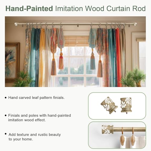 QDWIS Weathered Wood Curtain Rods for Windows 48 to 84 inch Boho Decorative Handmade Wood Grain Drapery Rods with Leaf Finial 1" Adjustable Heavy Duty Curtain rod for Living Room Bedroom Kitchen - color: Weathered Wood, size: 36'' - 88'' (1 Pack)