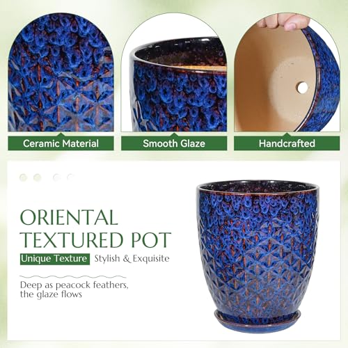 9.5 Inch Flower Pots for Indoor Plants,Ceramic Planter with Saucer Drainage Leak-Proof Mesh Gardening Gloves (Peacock-Blue) - color: Peacock-blue, size: 9.5 Inch