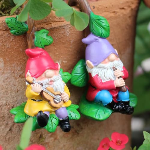 Set of 3 Cute Climbing Gnome Figurines Flower Pot Hugger, Resin Hanging Gnomes Statue Outdoor Decor Fence Ornaments for Patio Lawn Garden Yard (Music Gnome) - color: Music Gnome