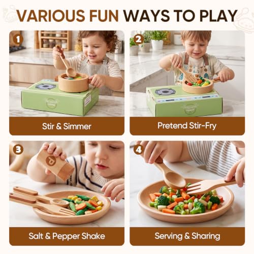 WHOHOLL 15 Pcs Wooden Pots and Pans Set, Play Kitchen Accessories Toy with Plates Utensils Storage Bag, Montessori Pretend Cookware Playset Gift for Kids Ages 3 4 5 6 (Standard) - size: Standard