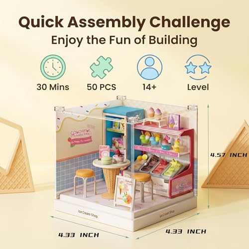Ice Cream Shop Super Miniature House Kit - DIY Plastic 3D Model Building Set for Adults & Teens, Build Your Own Sweets Dessert Shop with Dustproof Case, Creative Craft Gift for Girls Women - color: Ice Cream Shop, size: Small