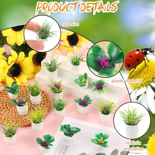 16pcs Miniature Garden Plant Set White Potted Plants Tiny Flower Vase Bouquet Fairy Accessories Mini Artificial Plant Pots Floral Figurines