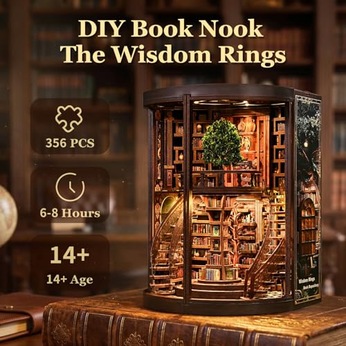 fifijoy DIY Book Nook Kit for Adults - 3D Wooden Puzzle Miniature House Kit with LED Light, Miniature Dollhouse Library Bookshelf Insert Decor, Creative Gift for Family, Friends (Wisdom Rings) - color: Wisdom Rings