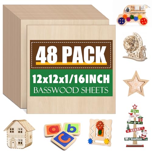 48 Pack Basswood Sheets 1/16x12X12Inch,Plywood Sheets for Crafts.Unfinished Wood Boards for Laser Cutting & Engraving,Burning,Balsa Wood Sheet for Painting. - size: 48P 12x12x1/16in