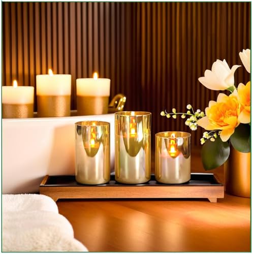 NICEME Radiance Evanescing Flameless Candles with Remote, 3 Pack Glass Battery Operated Candles with Timer, Real Wax Glass LED Candles Flickering Wedding Home Party Christmas D3 x H4 5" 6" Gold - color: White + Gold Glass, size: D 3”×H 4”5”6”