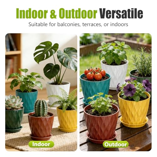 8 Inch Plastic Plant Pots,Set of 5 Flower Pots,Planters with Drainage Holes & Saucers, Indoor Outdoor Garden Pots for Home Decor(Colorful) - color: Colorful