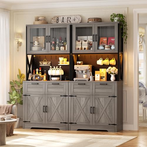 Unikito 71" Tall Kitchen Pantry Storage Cabinet with LED Light & Outlets - color: Enoch Walnut, size: 63 Inch