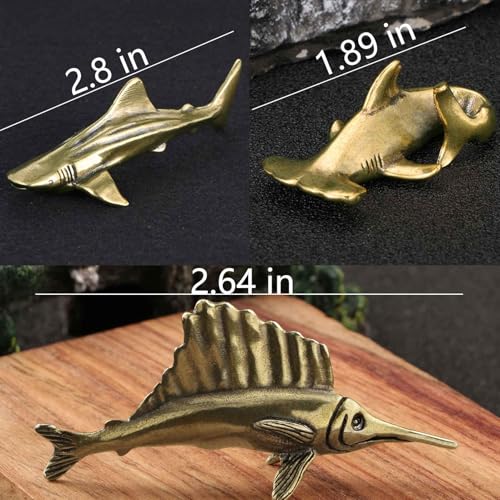 3Pcs Vintage Solid Brass Miniature Animal Figurine Desk Animal Ornament for Pet Enthusiasts Exquisite Collectible and Home Décor Accent (Shark + Swordfish 3 pcs) - color: Shark + Swordfish 3 Pcs