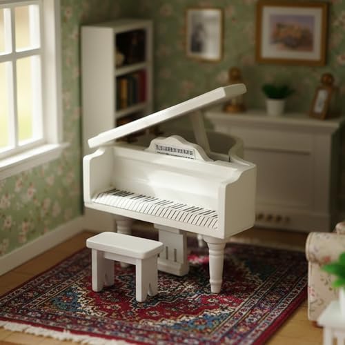 Miniature Piano for Dollhouse Furniture Upright Grand Piano with Stool Instrument 1 12 Ornament Artificial House Scene Accessories Desktop Decoration (White) - style: White