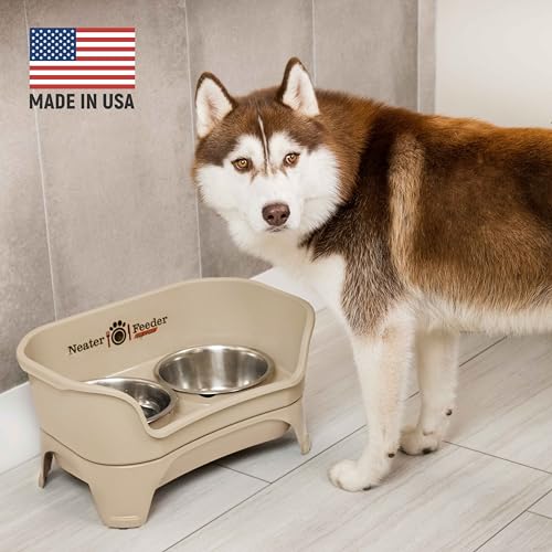 Neater Feeder - Express Model w/ Slow Feed Bowl - Mess-Proof Dog Bowls (M/L, Almond) Made in USA – Elevated, No Spill, Non-Tip, Non-Slip, Raised Stainless Steel Food/Water Pet Bowls Aid Digestion - color: Almond, size: Medium to Large w/ Metal Slow Feed B