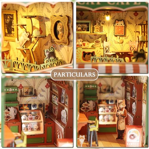 Book Nook Kit,DIY Miniature House Kit for Adults, Teens and Beginners, Dollhouse Booknook Cat Cafe Tiny House Bookshelf Decor 3D Wooden Puzzle, Gifts for Family, Friends - color: Cat Cafe