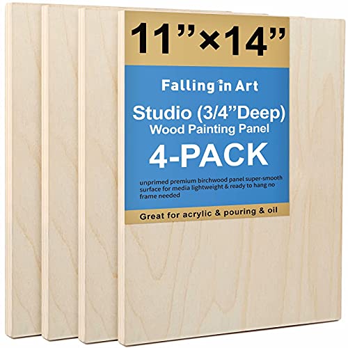 Falling in Art 4 Pack 11x14’’ Unfinished Birch Wood Panels Kit for Painting - size: 11'' x 14'' Studio