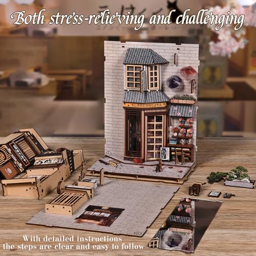 Book Nook Kit, 3D Wooden Puzzles for Adults, DIY Miniature House Kit for Adults, Booknook with LED Light, Gifts for Family, Friends and Book Lovers, Bookshelf Decor(Cat's Alley) - color: Cat's Alley