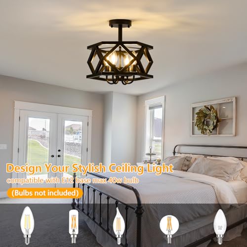 Black Semi Flush Mount Ceiling Light, Modern Foyer Lighting Fixture, 4-Light Metal Ceiling Lamp, Small Farmhouse Chandelier for Hallway Entryway Porch Bedroom Kitchen, E12 Base - color: Black