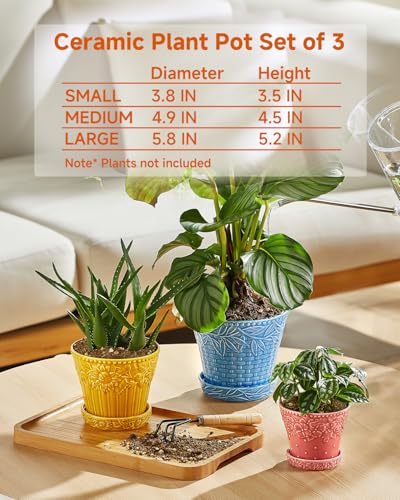 Metahom Ceramic Plant Pots, Assorted Colors, Set of 3, Embossed Design - color: Embossed Assorted Colors