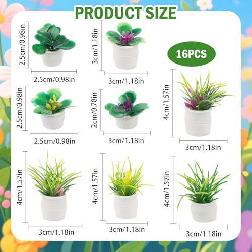 16pcs Miniature Garden Plant Set White Potted Plants Tiny Flower Vase Bouquet Fairy Accessories Mini Artificial Plant Pots Floral Figurines