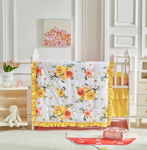 3 Pieces Flowers Crib Bedding Set Baby Ruffled Quilted Comforter with Fitted Sheet and Bed Skirt - Cute Ruffled Shabby Chic Baby Bedding Soft Blanket Floral Design - color: Yellow Flower, size: 3 Pieces Crib