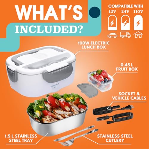 TRAVELISIMO Electric Lunch Box for Adults 100W Heated Lunch Box For Men 1.5L Stainless Steel Portable Food Warmer, 12/24/110V for Travel & Work, Loncheras Electricas Para Calentar Almuerzo - color: Gray.