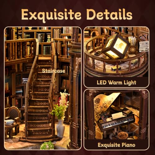 fifijoy DIY Miniature Dollhouse Kit - DIY Miniature House Kit with LED Lights, 3D Wooden Puzzle Library Bookshelf Decor for Adults, Creative Gift for Family, Friends (Dreamy Book Hall) - color: Dreamy Book Hall