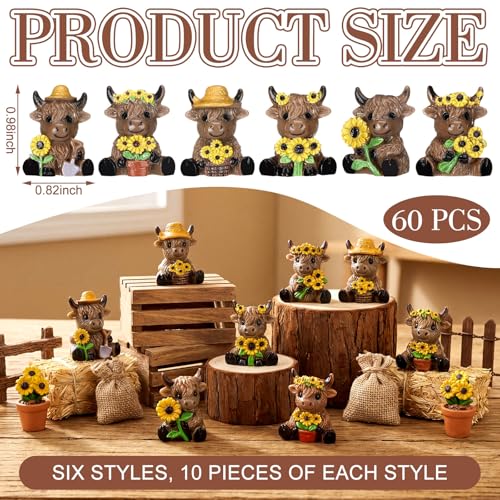 Yaomiao 60 Pcs Mini Fall Highland Cow Figurines Mini Sunflower Resin Cow - style: Sunflower