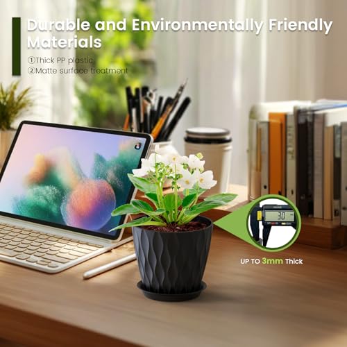 Meowell 5 inch Plant Pots for Indoor Outdoor Plants, 6 Pack Thick Nursery Pots with Drainage Holes and Saucers, 3D Modern Wave Texture Small Plastic Planter Flower Pots for Succulent, Herb, Black - color: Black, size: 5 inch 6 pieces