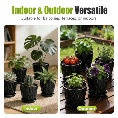 8 Inch Plastic Plant Pots,Set of 5 Flower Pots,Planters with Drainage Holes & Saucers, Indoor Outdoor Garden Pots for Home Decor (Black) - color: Black