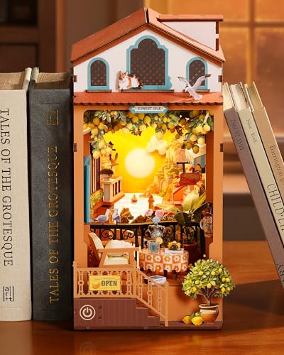 Rolife DIY Book Nook Kit Sunset Isle, 3D Puzzles Coastal Sunset Theme Miniature House Kit, Lemon Tree & Seaside View Decor for Bookshelf, Creative Gift for Adults - color: Sunset Isle