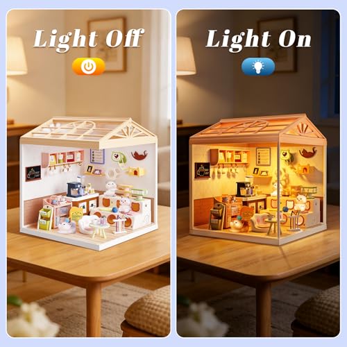 Cat Cafe Miniature House Kit with LED Light, DIY Mini Dollhouse with Roof & Dust Covers for Mini Figures Tiny House Toy for Adults Kids Girls - color: Cat Cafe