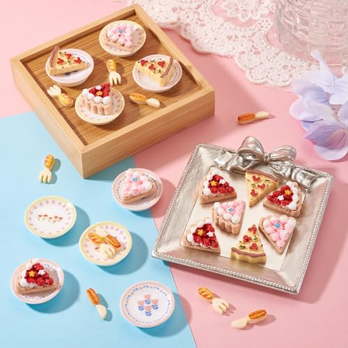 FASHEWELRY 42Pcs Cake Tableware Dollhouse Miniature Accessories Kitchen Tableware Display Ornament Resin Imitation Food Dessert Plate Fork Knife Cabochons for Garden Home Party Landscape Decoration - color: Cake & Tableware