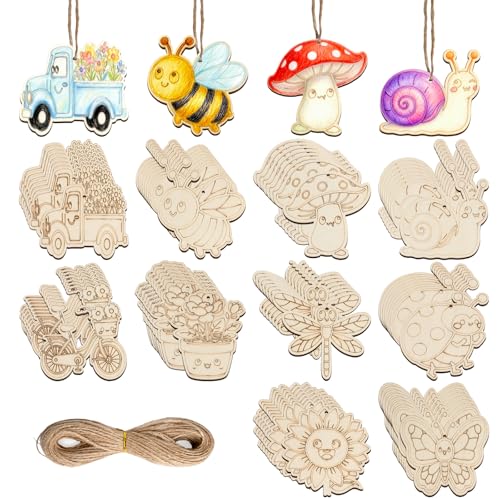 80PCS Unfinished Ornament Wood Crafts, Painting Blank Wooden Cutouts - color: Spring