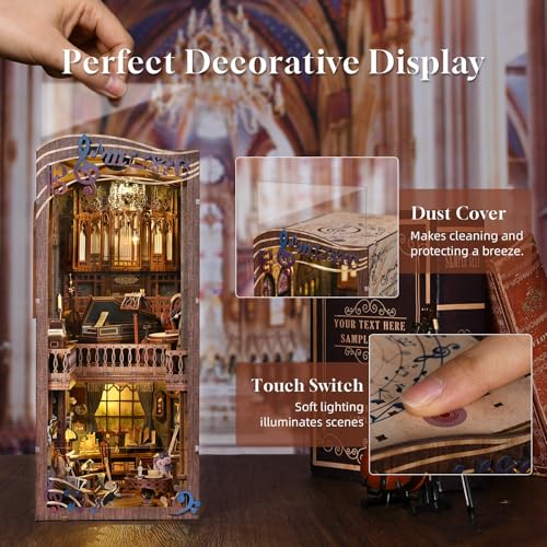 fifijoy Book Nooks, DIY Miniature Book Nook Kit Music, 3D Wooden Puzzle Bookends for Bookshelf Insert Decor with Led Light for Teens and Adults (Timeless Melody) - color: Timeless Melody