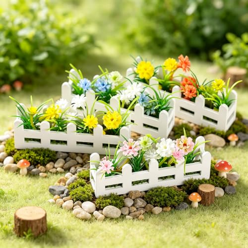 Artificial Flower Set Wooden Picket Fence Planter Box Fake Floral Ornament Micro Landscape Desk Decor for Women Adult (3C) - color: 3c